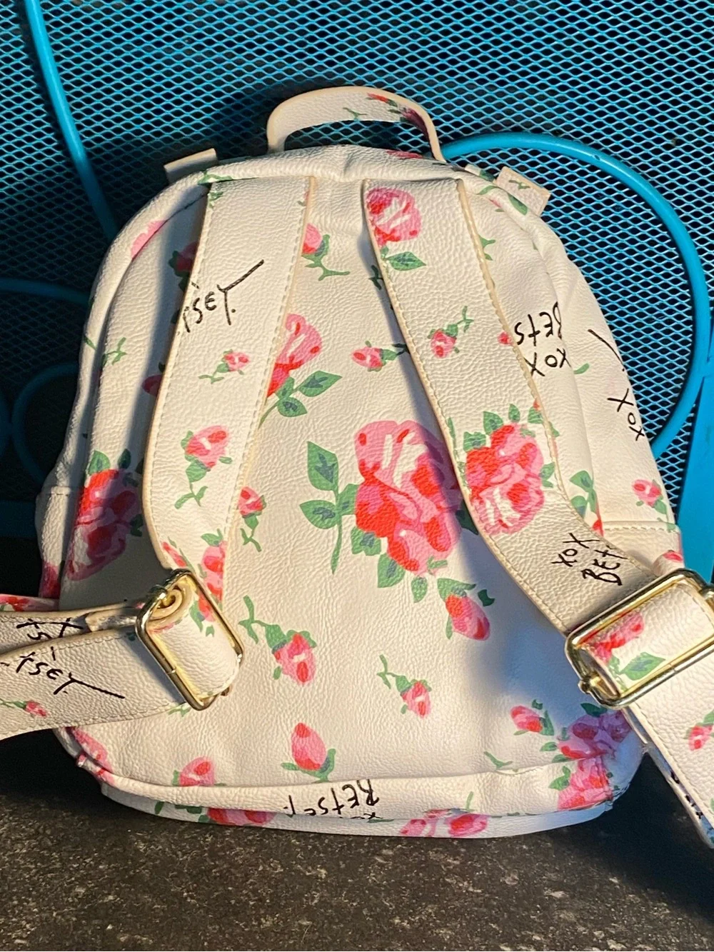Adorable Betsey Johnson small back pack,white quilted,pink floral/logo print